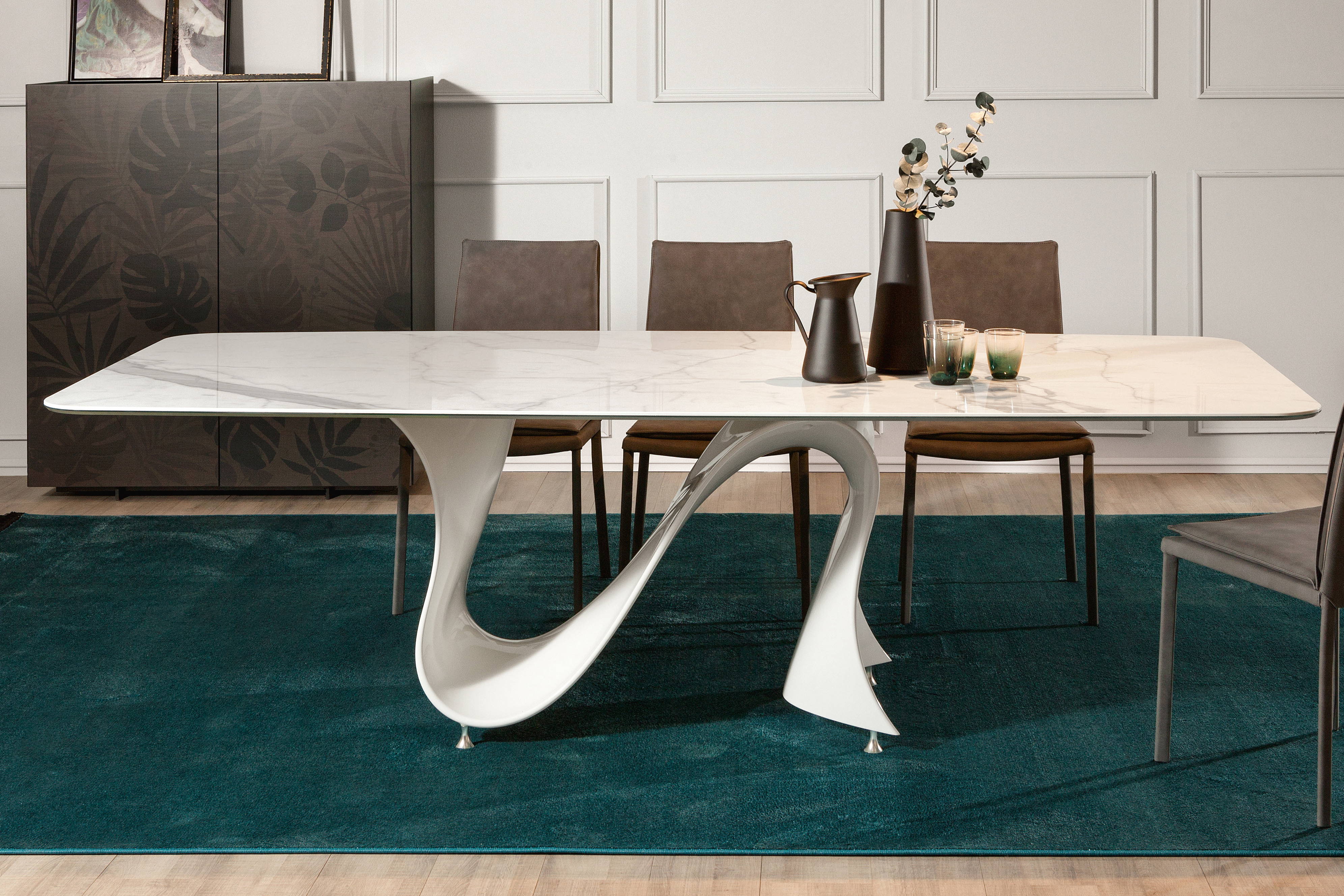 Wave marble dining table with Kong cupboard by Tonin Casa
