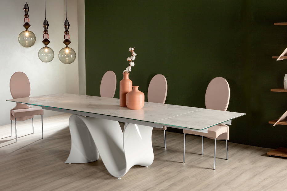 Wave extension dining table with White ceramic top and glossy white base