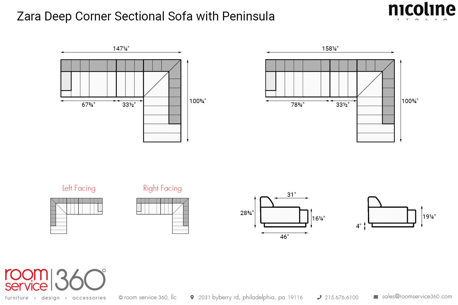 Zara Deep Corner Sectional Sofa with Peninsula by Nicoline Italia