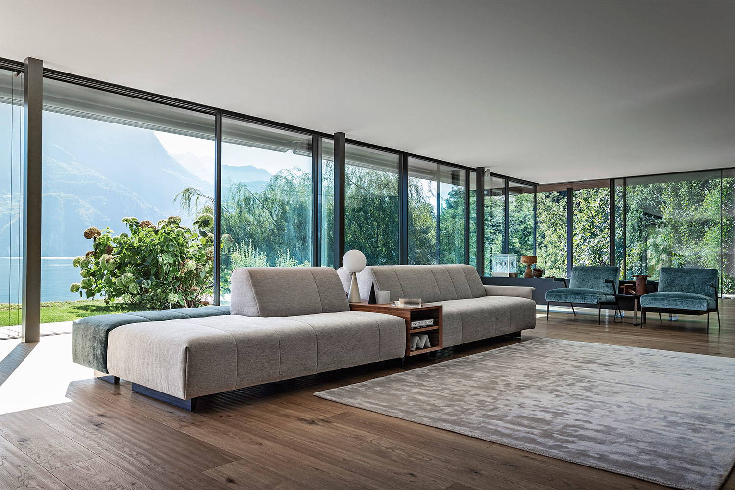 Zara double sided sectional sofa has shelf in Canaletto walnut wood