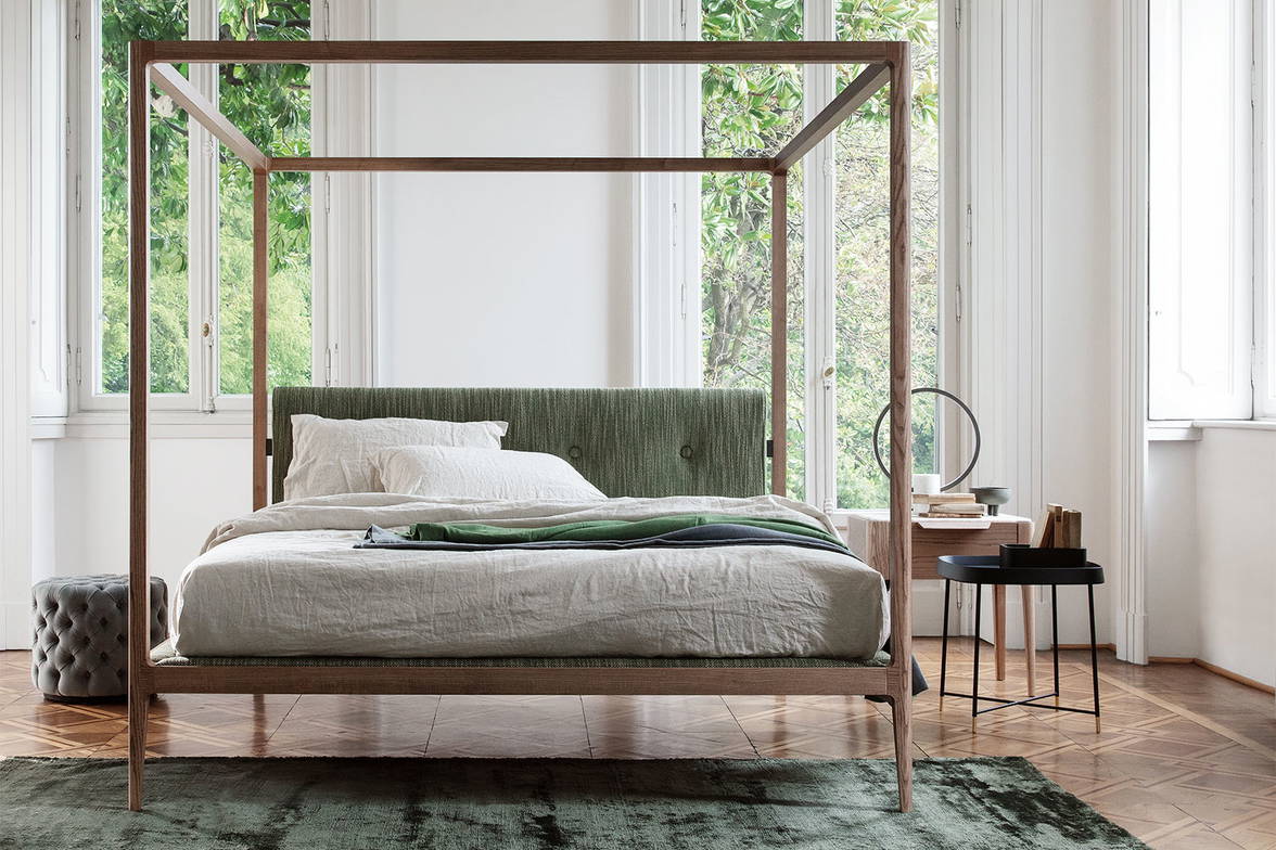 Ziggy canopy bed with Fritz end table, Ziggy nightstand, and Alcide round pouf by Porada Ziggy canopy bed with Fritz end table, Ziggy nightstand, and Alcide round pouf by Porada
